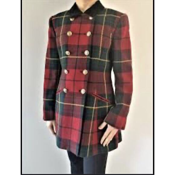 Vintage Lauren Ralph Lauren Red Green Plaid Tartan Wool Coat Jacket 10 RARE - Picture 1 of 5